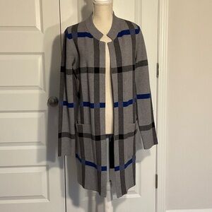 Tahari Gray and Blue Checkered Long Cardigan